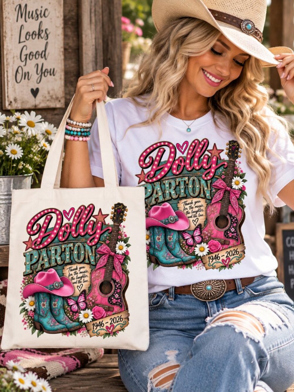 Dolly Parton Custom Graphic T-Shirt AND Tote Bag Gift Set Matching Gift Bundle